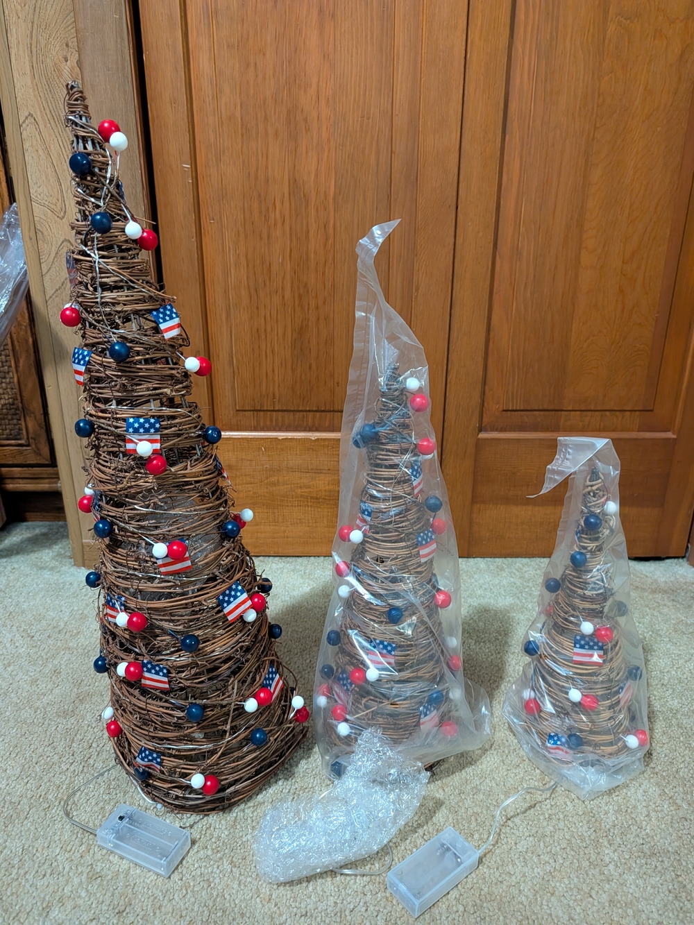 Patriotic Red, White & Blue Rustic Vine Holiday Tree - Set of 3